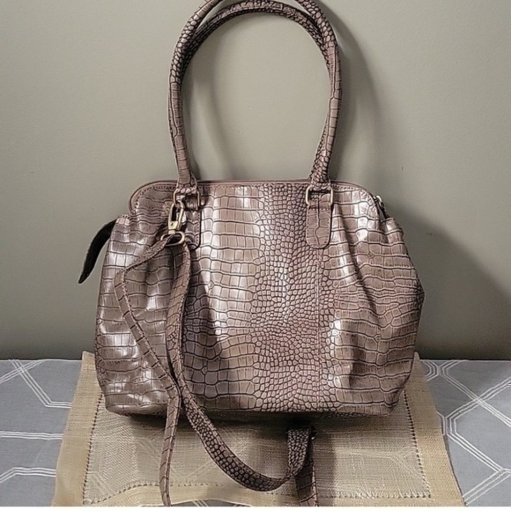 Beige colored croc embossed large satchel crossbody shoulder bag